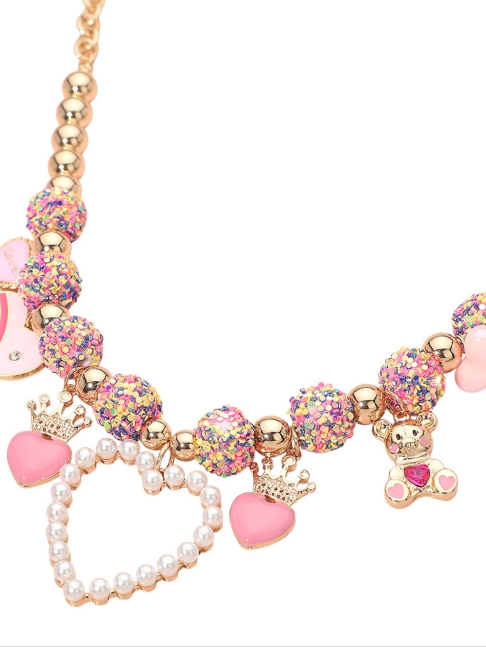 Colorful Charm Necklace Gold Heart Teddy Bear Pearl Beaded Statement